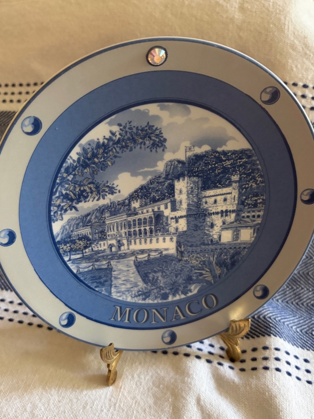 Prince Blue and Cream Monaco Decorative Collector Plate with Swarovski insert